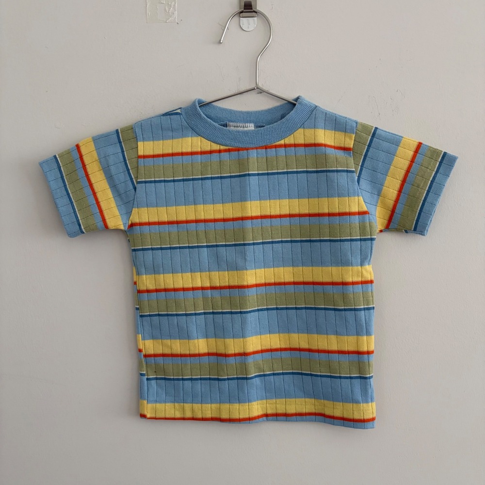 Vintage Health-tex Kids Striped Ribbed Knit T-Shirt 4T Blue Yellow Retro 70s